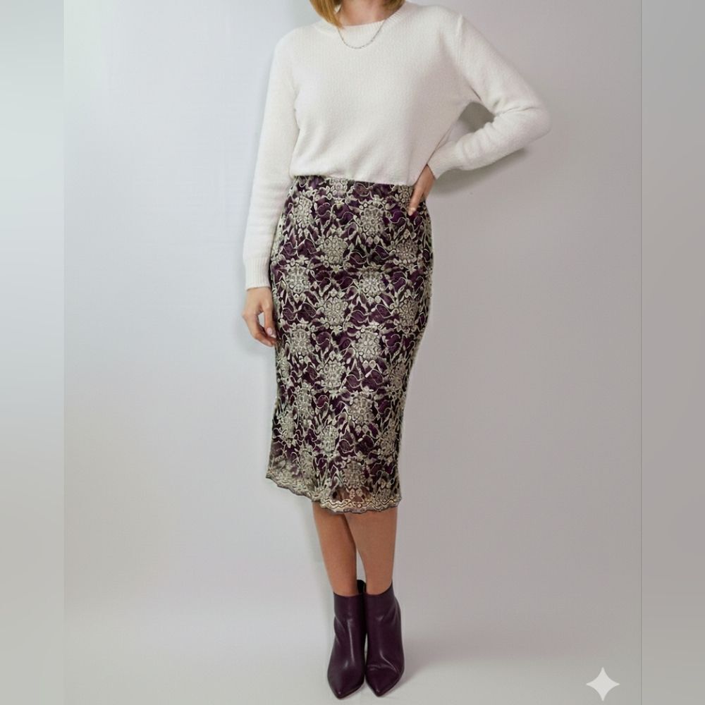 Georgiou Women's Purple Vintage Floral Lace Pull On Midi Skirt Size Small EUC 🐈